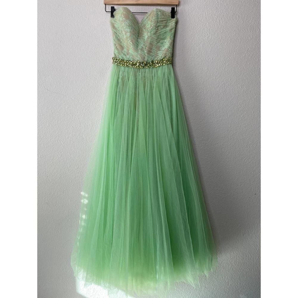 Sherri Hill Light Green Tulle Lace Beaded Strapless Cinderella Prom Dress